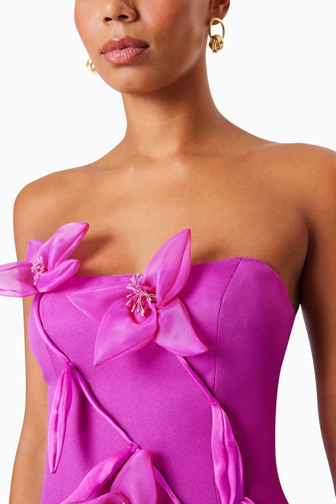 Bethany Strapless Floral Midi Dress In Purple