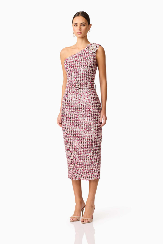 Bianca One Shoulder Tweed Midi Dress in Red