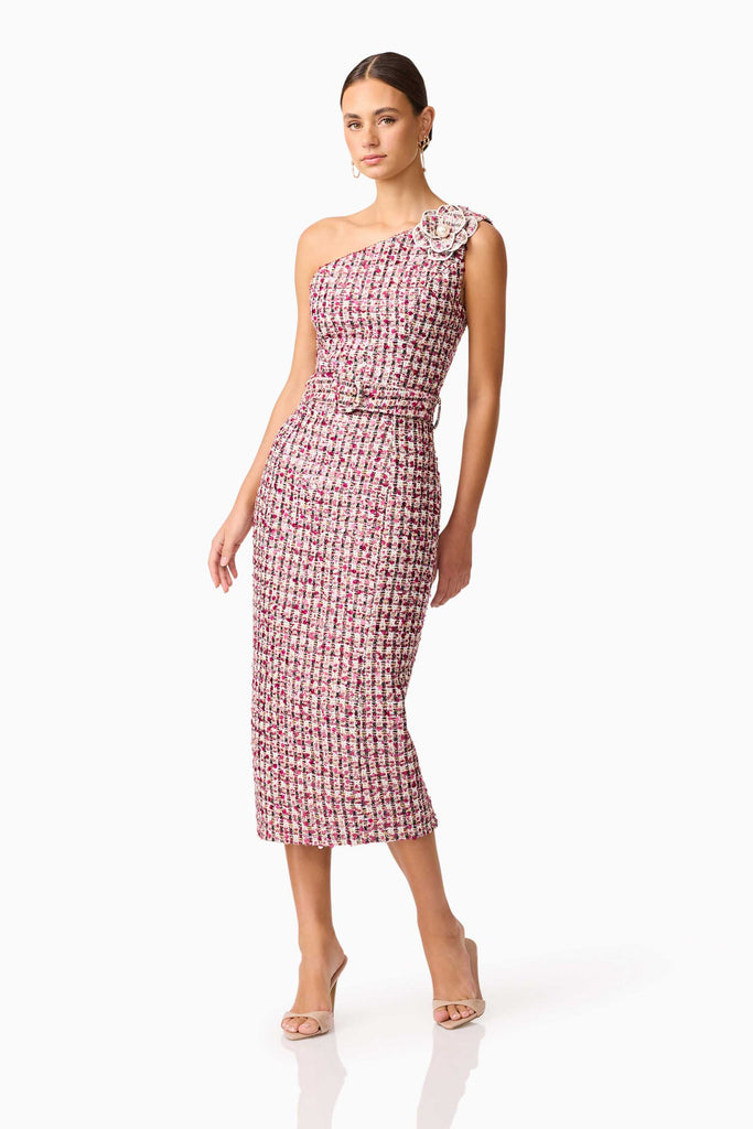 Bianca One Shoulder Tweed Midi Dress in Red