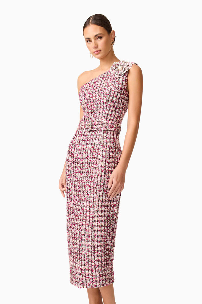 Bianca One Shoulder Tweed Midi Dress in Red