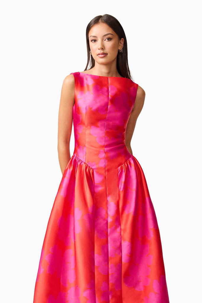 Eloise A-Line Midi Dress in Pink & Red
