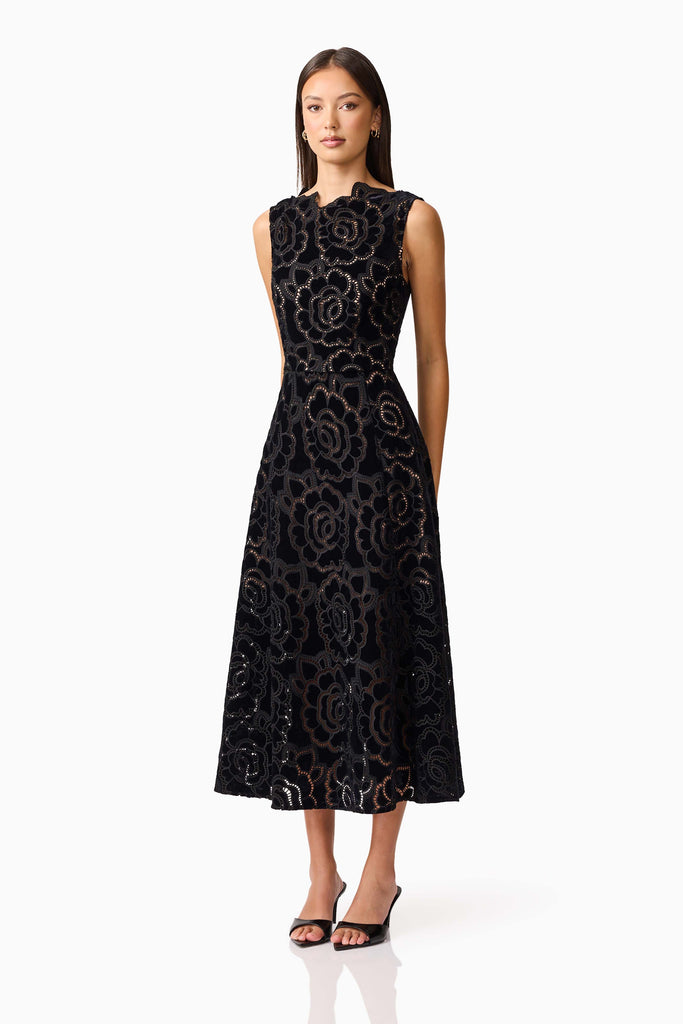 Eris Fit & Flare Midi Dress in Black