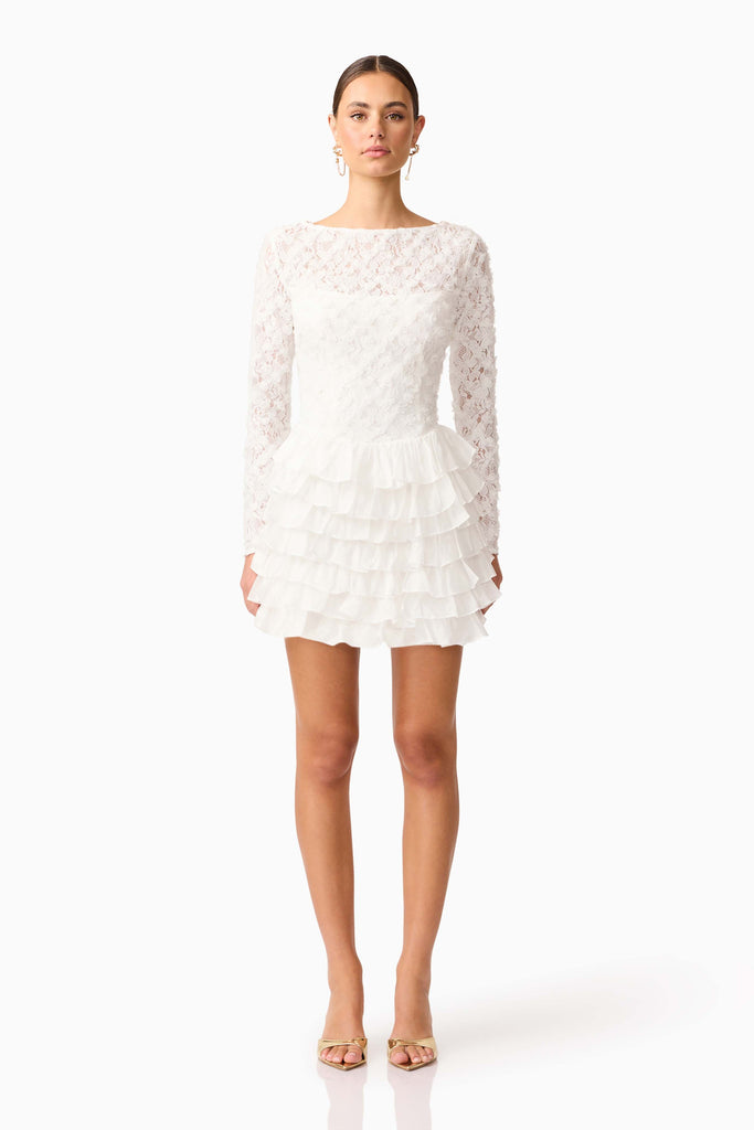 Athena Long Sleeve Lace Mini Dress in White