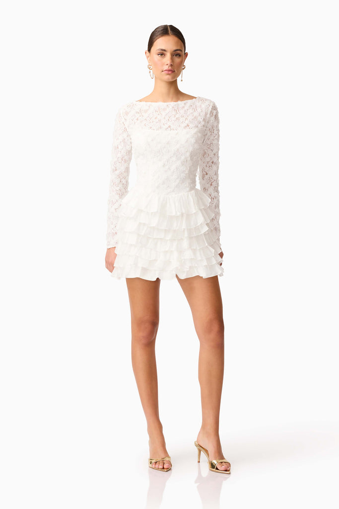 Athena Long Sleeve Lace Mini Dress in White