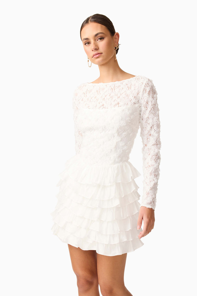 Athena Long Sleeve Lace Mini Dress in White