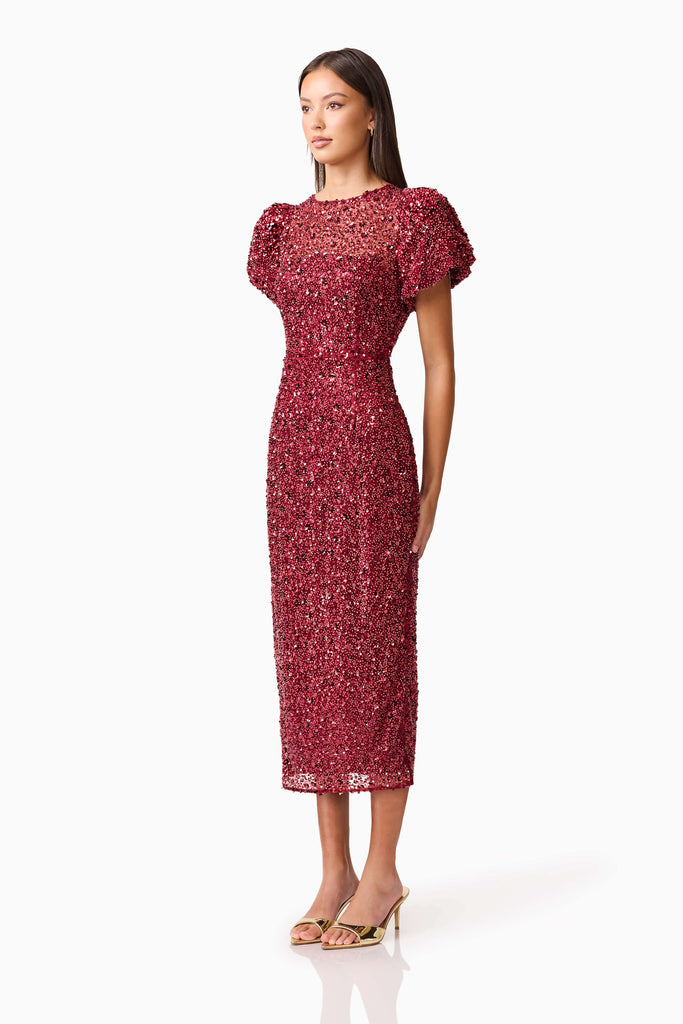 Carmen Puff Sleeve Midi Dress in Red
