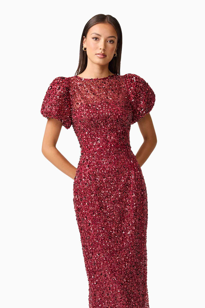 Carmen Puff Sleeve Midi Dress in Red
