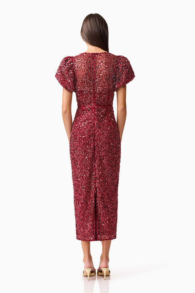 Carmen Puff Sleeve Midi Dress in Red