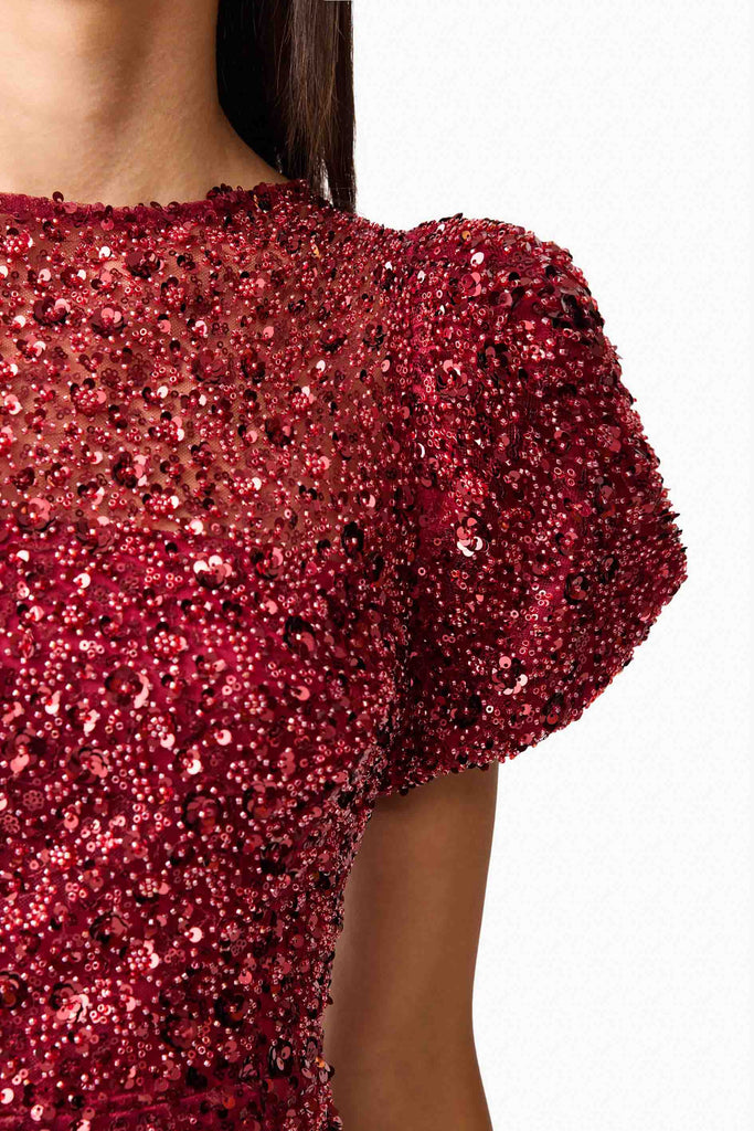 Carmen Puff Sleeve Midi Dress in Red