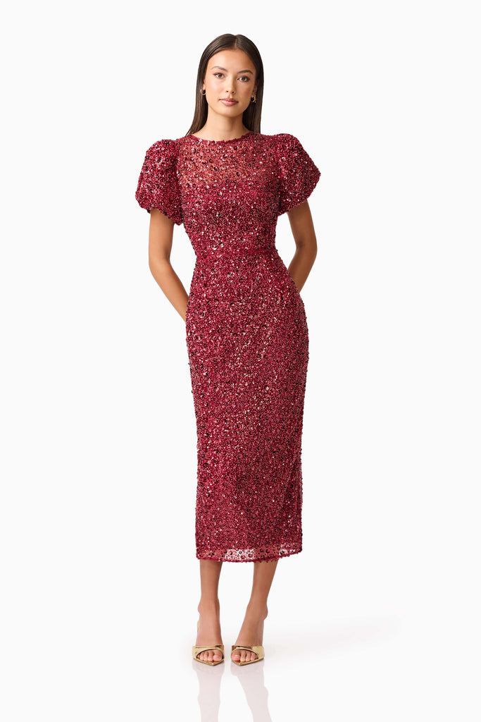 Carmen Puff Sleeve Midi Dress in Red