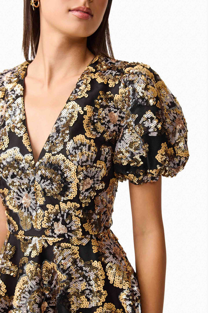 Celeste Puff Sleeve Mini Dress in Black and Gold