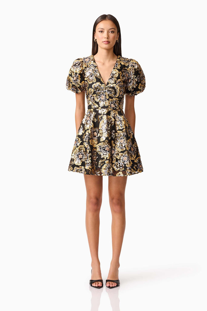 Celeste Puff Sleeve Mini Dress in Black and Gold