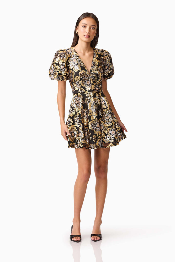 Celeste Puff Sleeve Mini Dress in Black and Gold