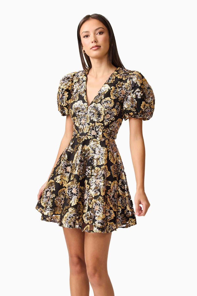 Celeste Puff Sleeve Mini Dress in Black and Gold