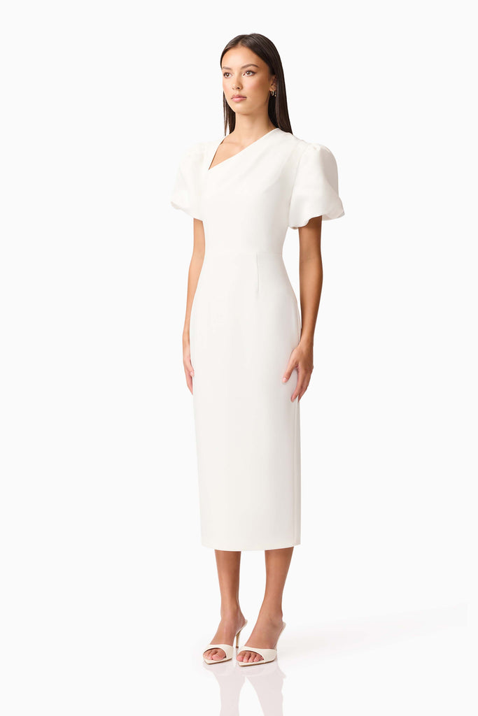 Hester Puff Sleeve Midi Dress in White