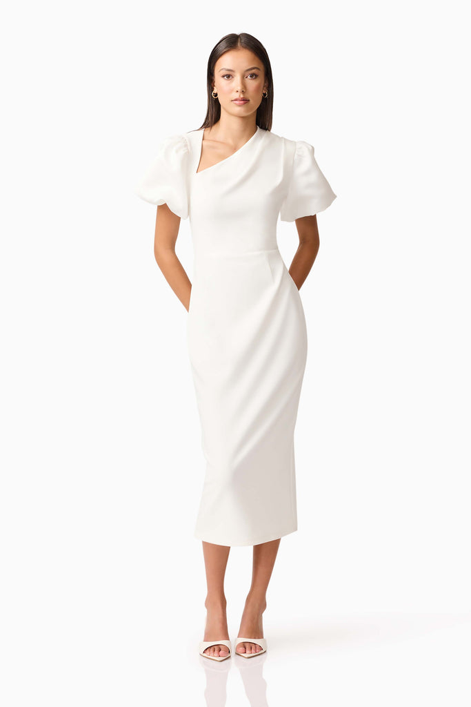 Hester Puff Sleeve Midi Dress in White