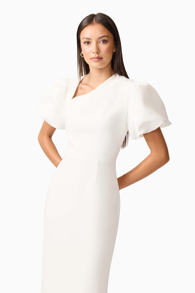 Hester Puff Sleeve Midi Dress in White