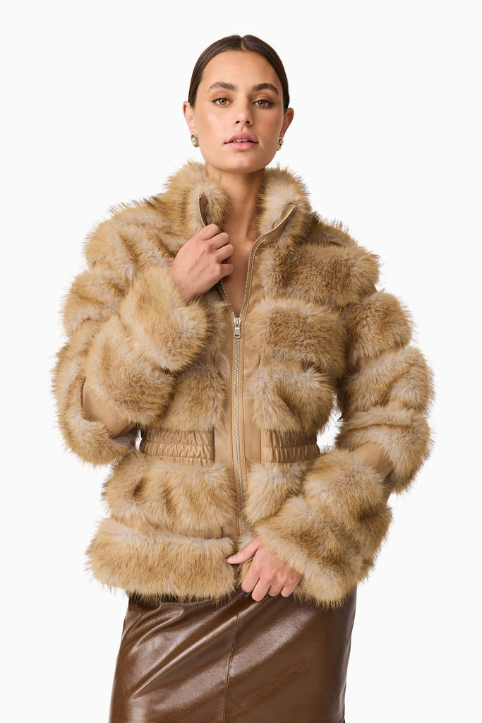 Aisling Faux Fur & Leather Jacket in Beige