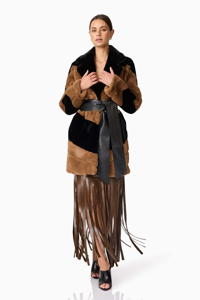 Felicia Faux Fur Coat in Black & Brown