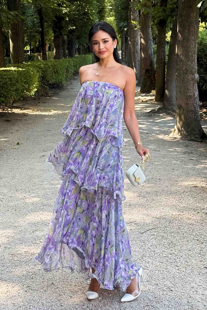 Milena Strapless Maxi Dress in Purple Floral