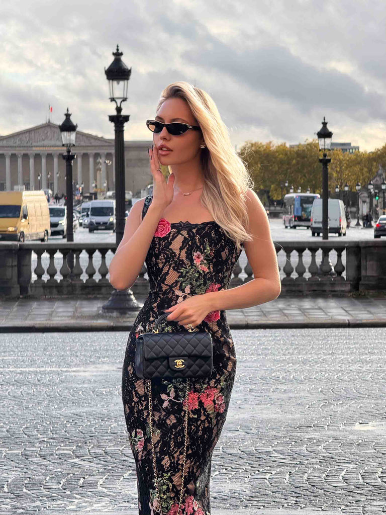 Morgaine Lace Midi Dress in Black