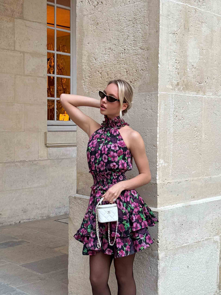 Estelle Halter Mini Dress in Black & Pink Floral