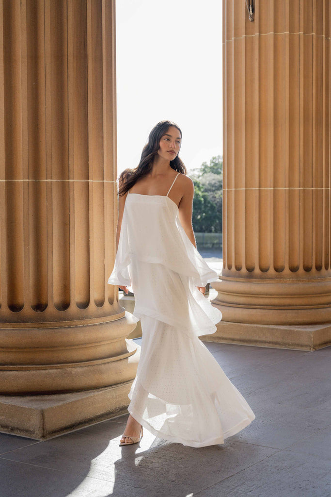 Moss Tiered Embellished Gown in White