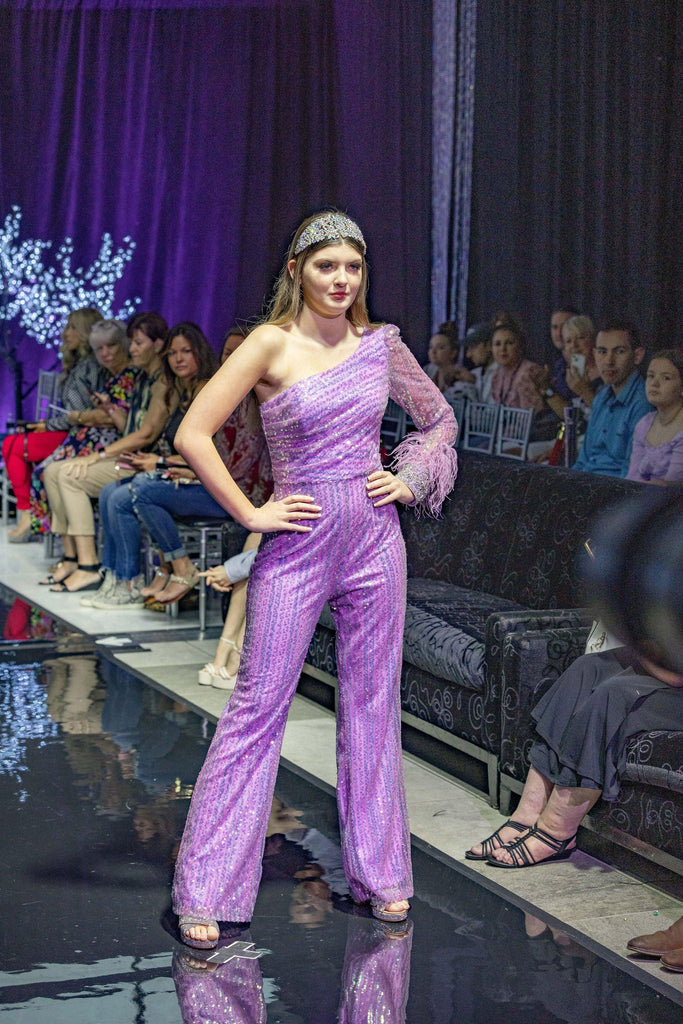 One Shoulder Feather Jumpsuit - Belle Le Chic