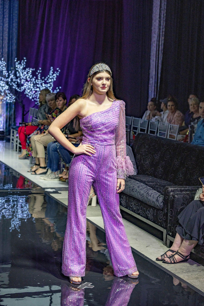 One Shoulder Feather Jumpsuit - Belle Le Chic