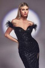 SEQUIN & FEATHER OFF THE SHOULDER GOWN - Belle Le Chic