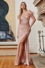 SEQUIN & FEATHER OFF THE SHOULDER GOWN - Belle Le Chic