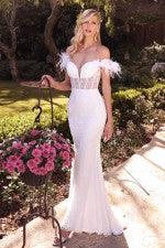 FEATHERED OFF THE SHOULDER GLIMMERING BRIDAL GOWN - Belle Le Chic